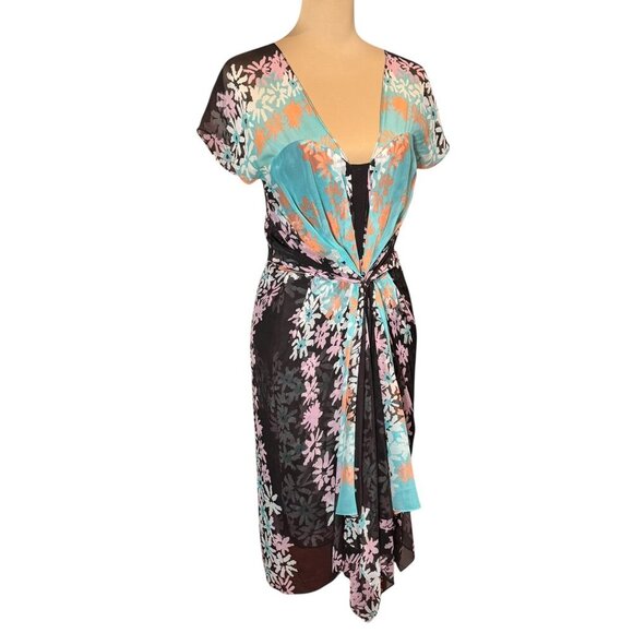 Diane von Furstenberg Floral Silk Dress Sz.6 Blue Brown Sort Sleeve Fairy Party - Picture 14 of 14